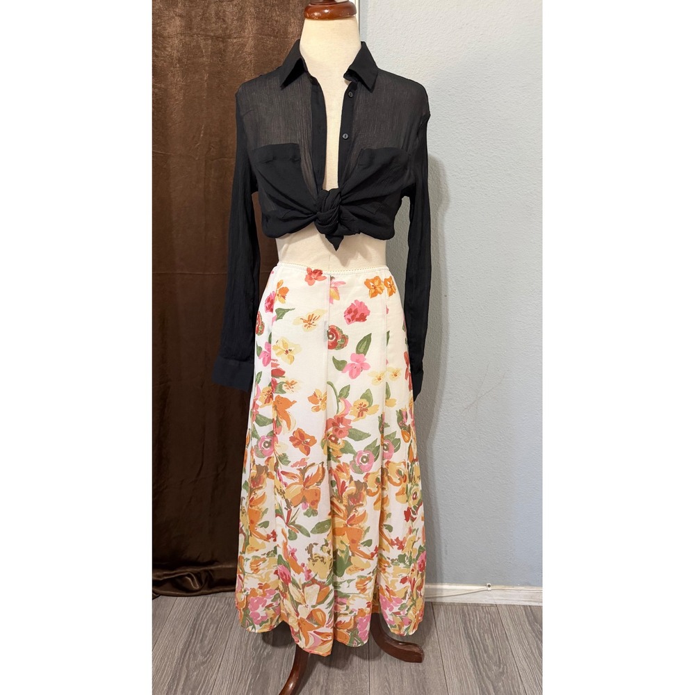 Cottagecore Floral Maxi Skirt Size 18 38W White Orange High Waist Lined A-Line - Picture 9 of 12
